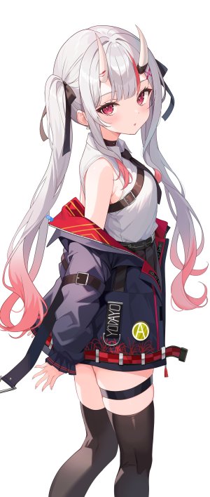 百鬼菖蒲,Hololive,北乃ゆきと,黑丝,灰发,horns,长发,长袖,视线正对,邪鬼,红色眼,衬衫,短裙,single,丝袜,Vtuber,白背景,絶対領域