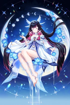 コロンビーナ,原神,lalazyt,露肩,黑发,连衣裙,全身,发饰,长发,紫发,坐姿,笑顔,single,超长发