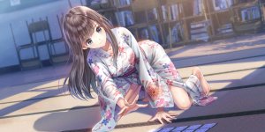 春日詩帆,岸田メル,蔚蓝反射_灿,裸足,横乳,breasts,茶发,游戏CG,和服,跪姿,长发,长袖,オビ,single