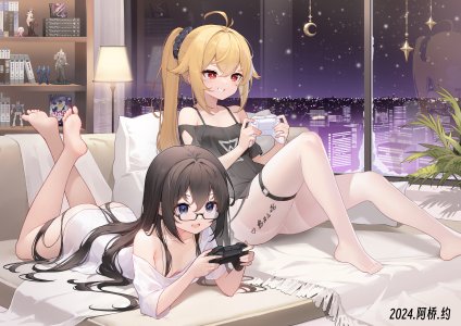 shebaotower,露肩,黑发,金发,breasts,cleavage,耳机,holding,长发,横臥,No-Bra,開口,胖次,裤袜,马尾辫,红色眼,缎带,衬衫,坐姿,天空,笑顔,下着,超长发,裸足