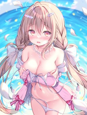 原创,わたがしゆい,呆毛,露肩,水着,脸红,三股辫,breasts,棕色眼,茶发,cleavage,发饰,长发,长袖,视线正对,露脐,项链,開口,花瓣,缎带,天空,single,泳装,双马尾,超长发,露点