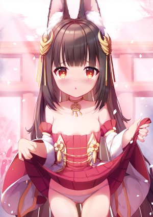 長門,碧蓝航线,兽耳,露肩,脸红,breasts,棕色眼,茶发,樱花,项圈,连衣裙,狐娘,发饰,萝莉,长发,视线正对,nipples,胖次,花瓣,single,下着,超长发