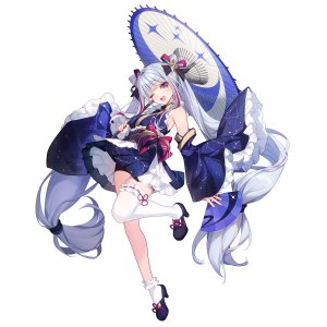 arcaea,Bison仓鼠,露肩,双团子头,连衣裙,包子頭,holding,和服,长发,挤眼,红色眼,缎带,笑顔,single,丝袜,雨伞,超长发,白发,白丝