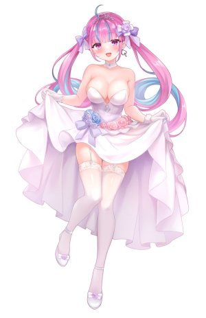 湊あくあ,Hololive,nikoo,呆毛,露肩,脸红,三股辫,breasts,项圈,cleavage,连衣裙,全身,手套,长发,视线正对,開口,粉发,缎带,笑顔,single,丝袜,头饰,双马尾,Vtuber,婚纱,白背景