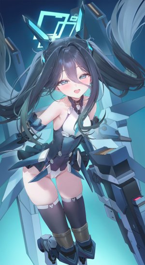 天童爱丽丝,蔚蓝档案,freng,黑发,碧眼,脸红,breasts,光晕,长发,视线正对,開口,笑顔,single,双马尾,超长发,翅膀