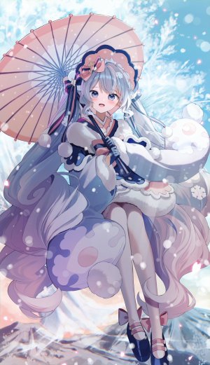 初音ミク,雪ミク,雪ミク2023,VOCALOID,ぺんたごん,碧眼,手套,holding,和服,长发,视线正对,開口,裤袜,笑顔,single,双马尾,雨伞,超长发