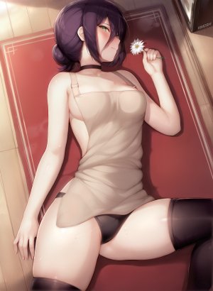 レゼ,チェンソーマン,deru06,围裙,黑丝,breasts,项圈,绿色眼,长发,视线正对,横臥,胖次,POV,紫发,丝袜,下着