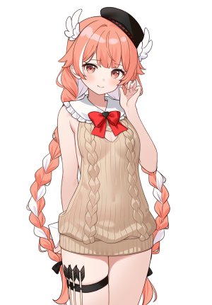 pillowdear,独立虚拟YouTuber,hitsukuya,三股辫,breasts,cleavage,长发,笑顔,single,针织衫,超长发,Vtuber,白背景,白发,翅膀