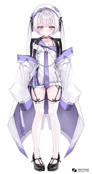 first_stage_production,ゆんみ,脸红,锁链,项圈,全身,灰发,长发,视线正对,迷你短裙,褶皱裙,紫色眼,缎带,衬衫,短裙,single,丝袜,双马尾,白背景,白丝