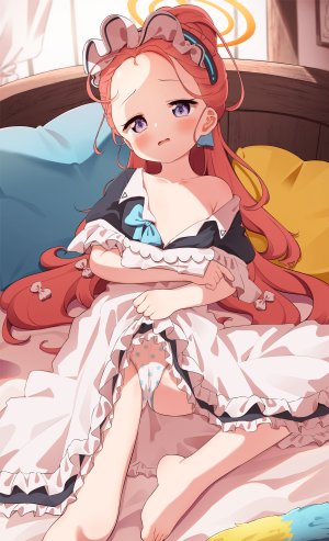 setmen,蔚蓝档案,花冈柚子,萝莉,贫乳,发饰,胖次,裸足,脸红,长发,开衫,女仆