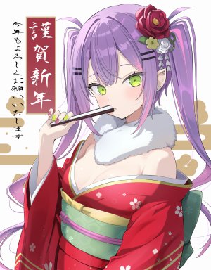 常暗トワ,Hololive,猫乃介,breasts,cleavage,恶魔娘,绿色眼,发饰,holding,和服,长发,视线正对,オビ,粉发,尖耳,紫发,single,双马尾,Vtuber