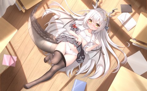 原创,浅痕,脸红,bra,棕色眼,全身,horns,长发,横臥,露脐,胖次,裤袜,学校制服,衬衫,短裙,掀裙,笑顔,single,下着,超长发,白发,翅膀