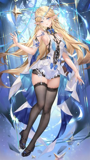 鸣潮,么赖赖,露肩,黑丝,金发,碧眼,breasts,连衣裙,全身,长发,视线正对,尖耳,single,丝袜