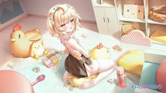 KAGUYANO,鬼針草,呆毛,围裙,露肩,金发,连衣裙,全身,视线正对,開口,笑顔,single,毛绒玩具,丝袜,白丝,翅膀,黄色眼